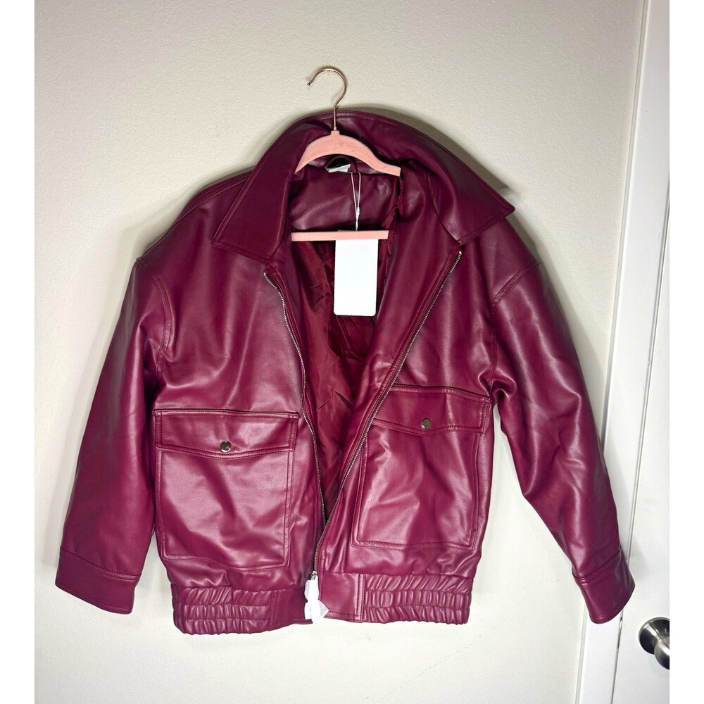 Vanmolrsa Women's Burgundy Bomber Jacket Zip Front Pockets Collared L